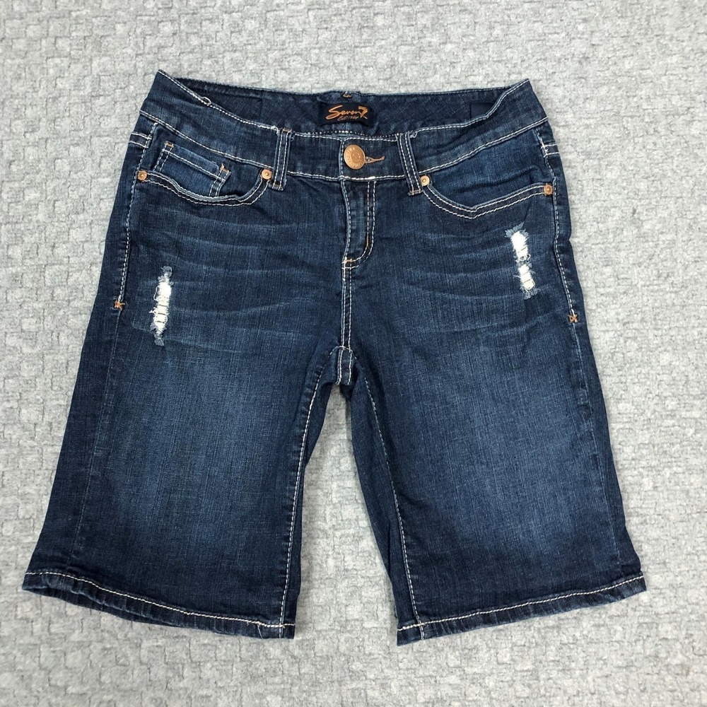 Seven7 Bermuda Shorts Womens 8 Blue Denim Distressed Embroidered Pockets Casual